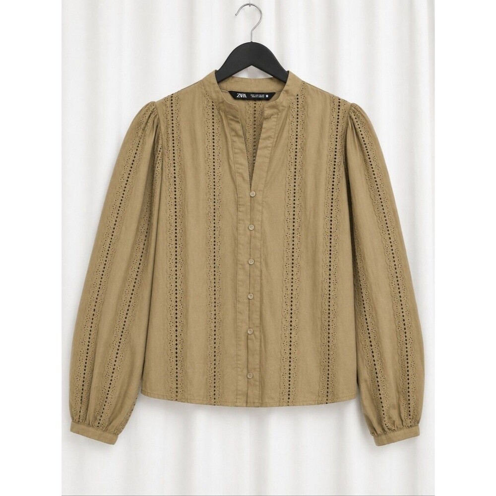 Zara Mustard Khaki Eyelet Lace Boho Prairie Puff Sleeve Cotton Cropped Blouse